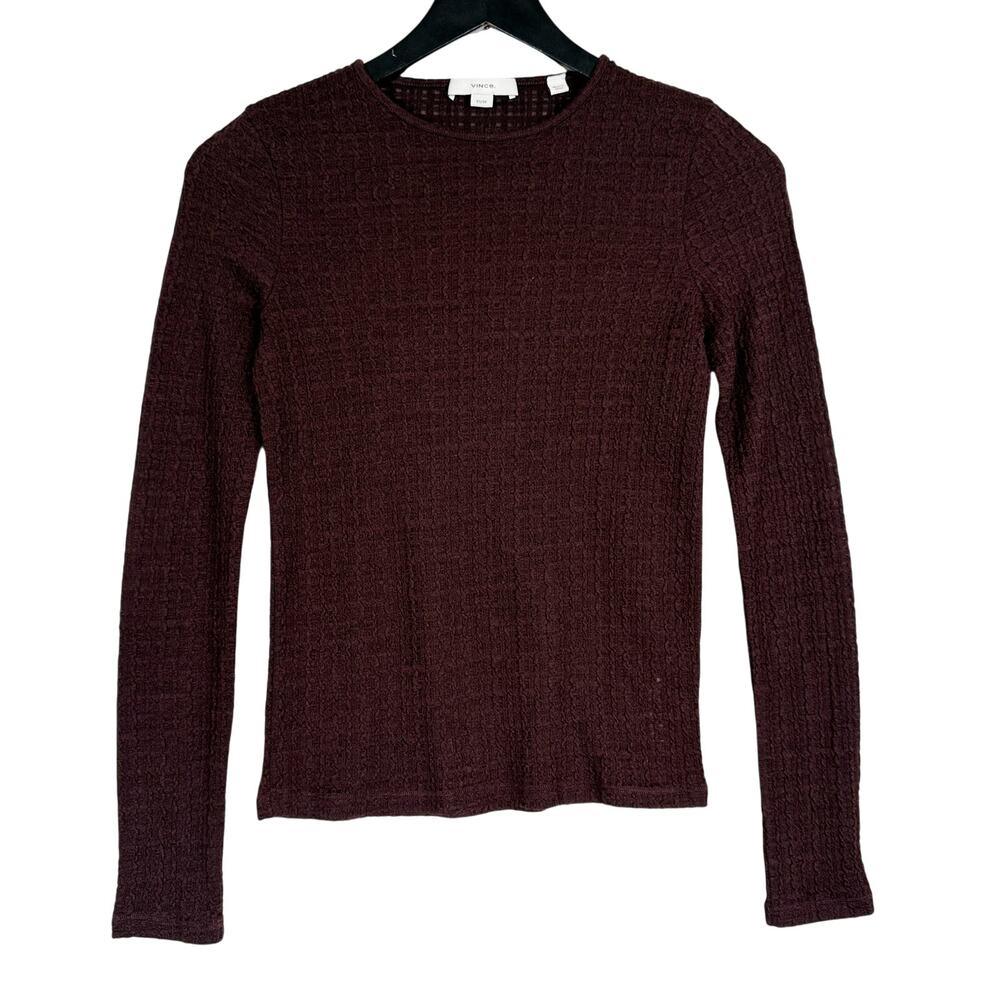 Vince Womens Plaid Jacquard Knit Top Wool Blend Deep Burgundy Red - XS